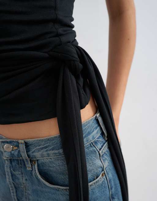 Topshop tie detail bandeau top in black, 4 of 4