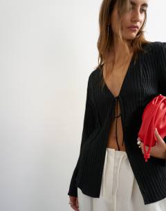 Model wearing Tie detail blouse in black