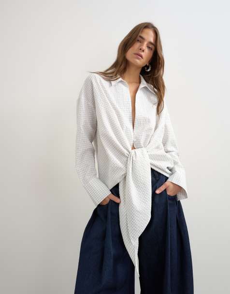 Topshop tie detail check shirt in white - view 1