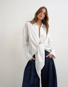 Model wearing Tie detail check shirt in white