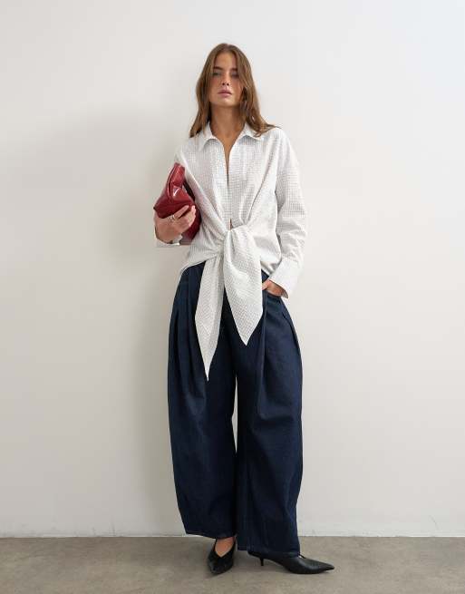 Topshop tie detail check shirt in white, 2 of 4