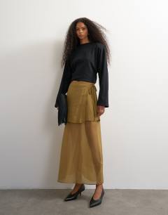 Model wearing Tie detail contrast organza maxi skirt in khaki