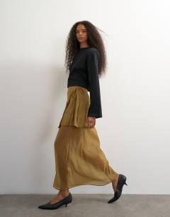 Model wearing Tie detail contrast organza maxi skirt in khaki