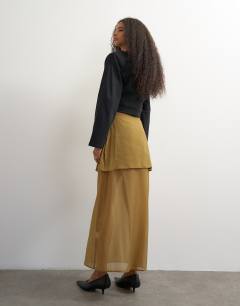 Model wearing Tie detail contrast organza maxi skirt in khaki