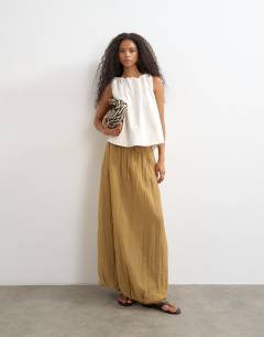 Tie detail crinkle bubble hem maxi skirt in camel