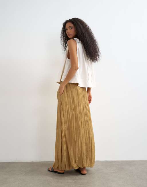 Topshop tie detail crinkle bubble hem maxi skirt in camel, 2 of 5
