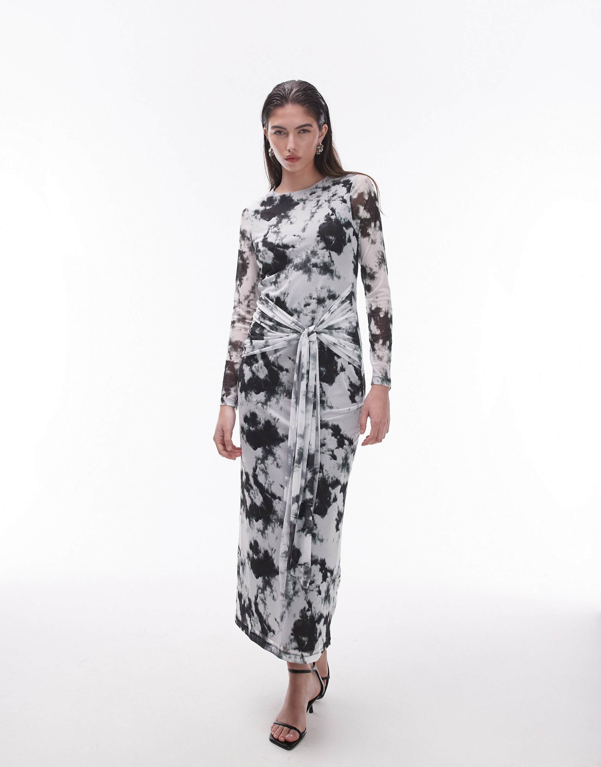 topshop tie detail mesh midi dress in mono abstract print