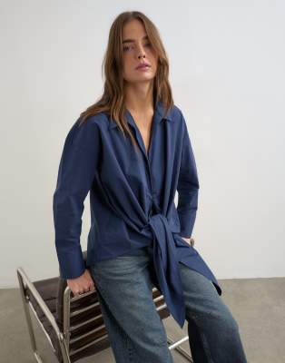 Topshop Tie Detail Shirt In Blue