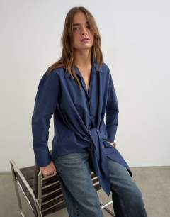 Model wearing Tie detail shirt in navy