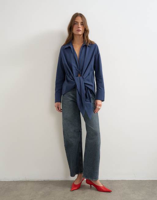 Topshop tie detail shirt in navy, 3 of 4