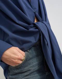 Model wearing Tie detail shirt in navy