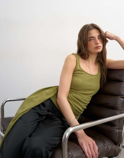 Topshop tie drape waist detail vest in olive green