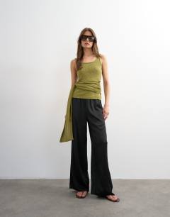 Model wearing Tie drape waist detail vest in olive green