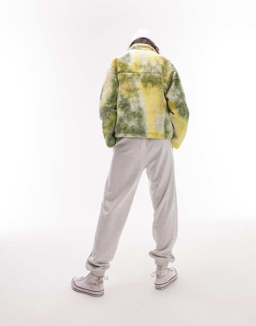 Topshop tie dye borg zip through fleece jacket in green and yellow