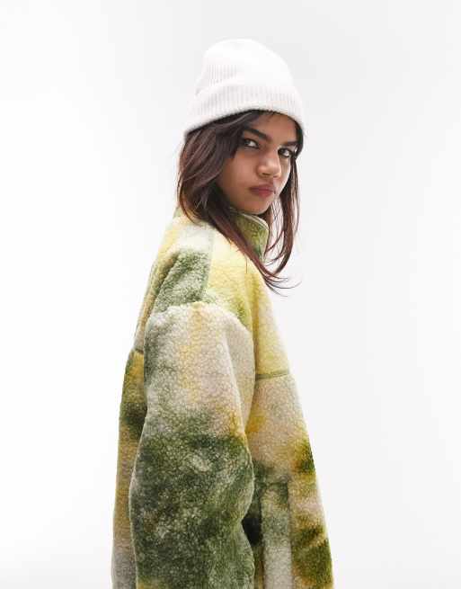 Topshop tie dye borg zip through fleece jacket in green and yellow