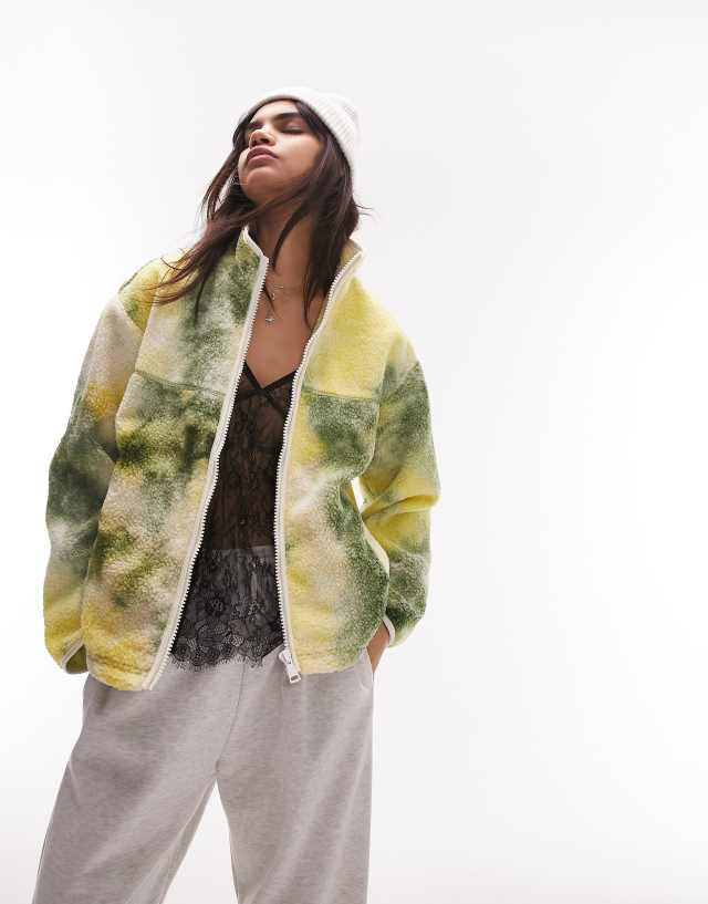 Topshop tie dye borg zip through jacket in green and yellow