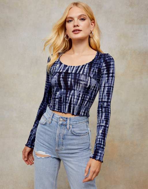 Topshop - Tie-dye crop top met lange mouwen en verschillende panelen in indigo