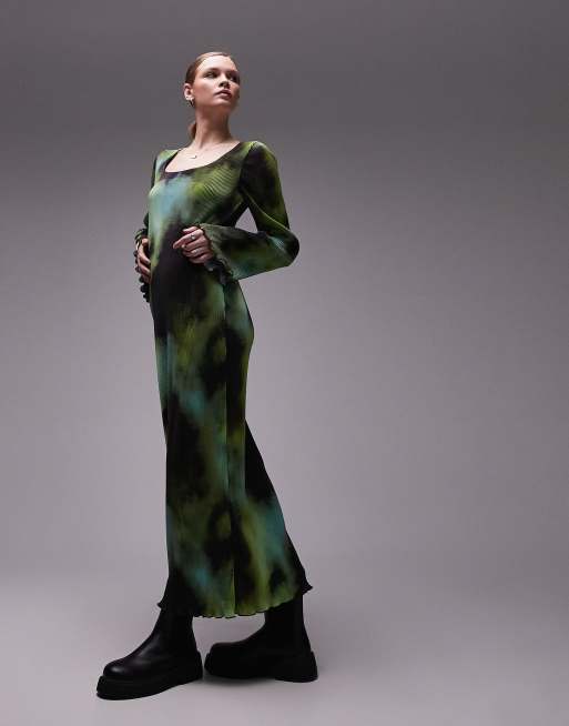 knee length dresses for ladies Rent Topshop Ruched Acid Print Midi Dress In Lime