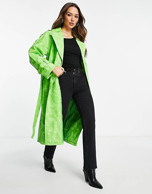 Topshop tie dye PU trench coat in green