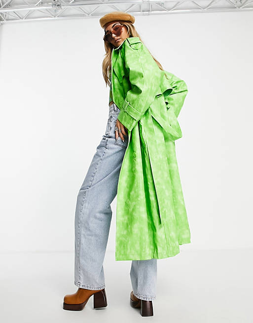 Women Topshop tie dye PU trench coat in green 