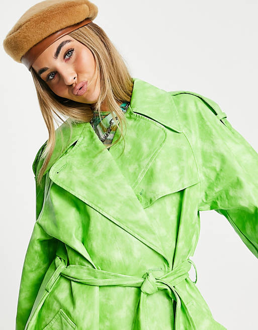 Women Topshop tie dye PU trench coat in green 
