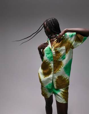 Topshop Tie Dye Resort Shirt In Green - Part Of A Set