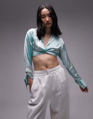 tie dye twist front satin blouse in green