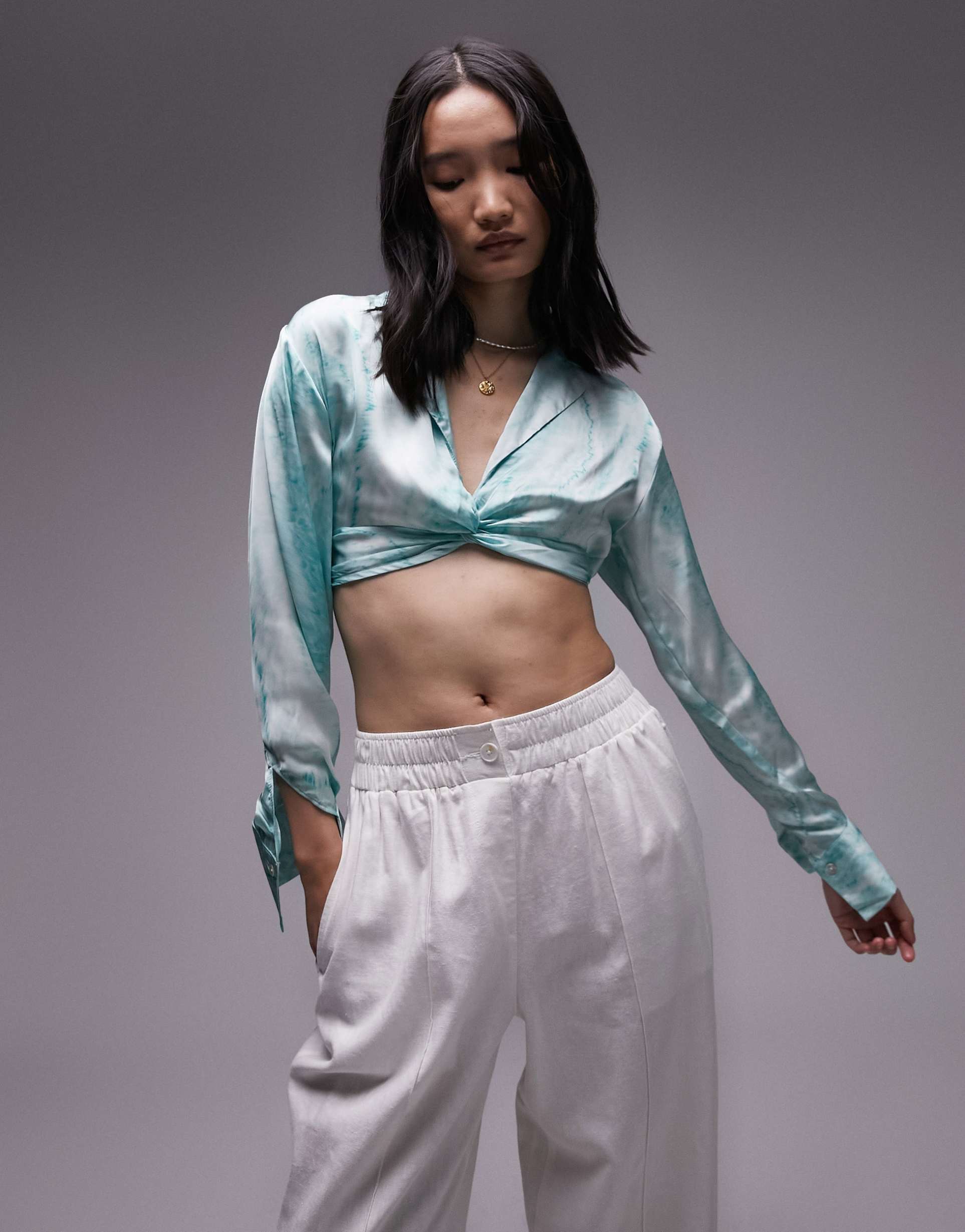 topshop tie dye twist front satin blouse in green