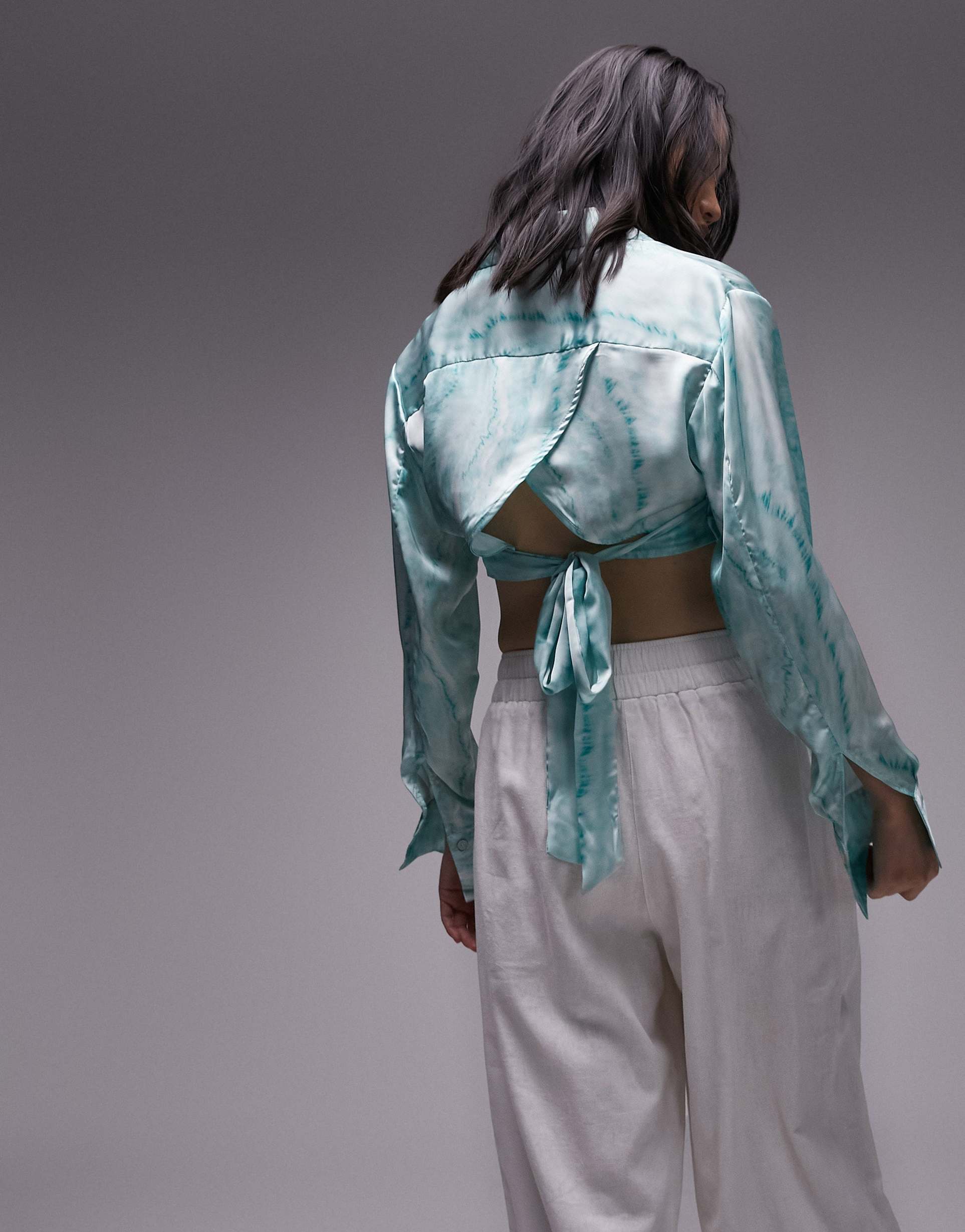 topshop tie dye twist front satin blouse in green