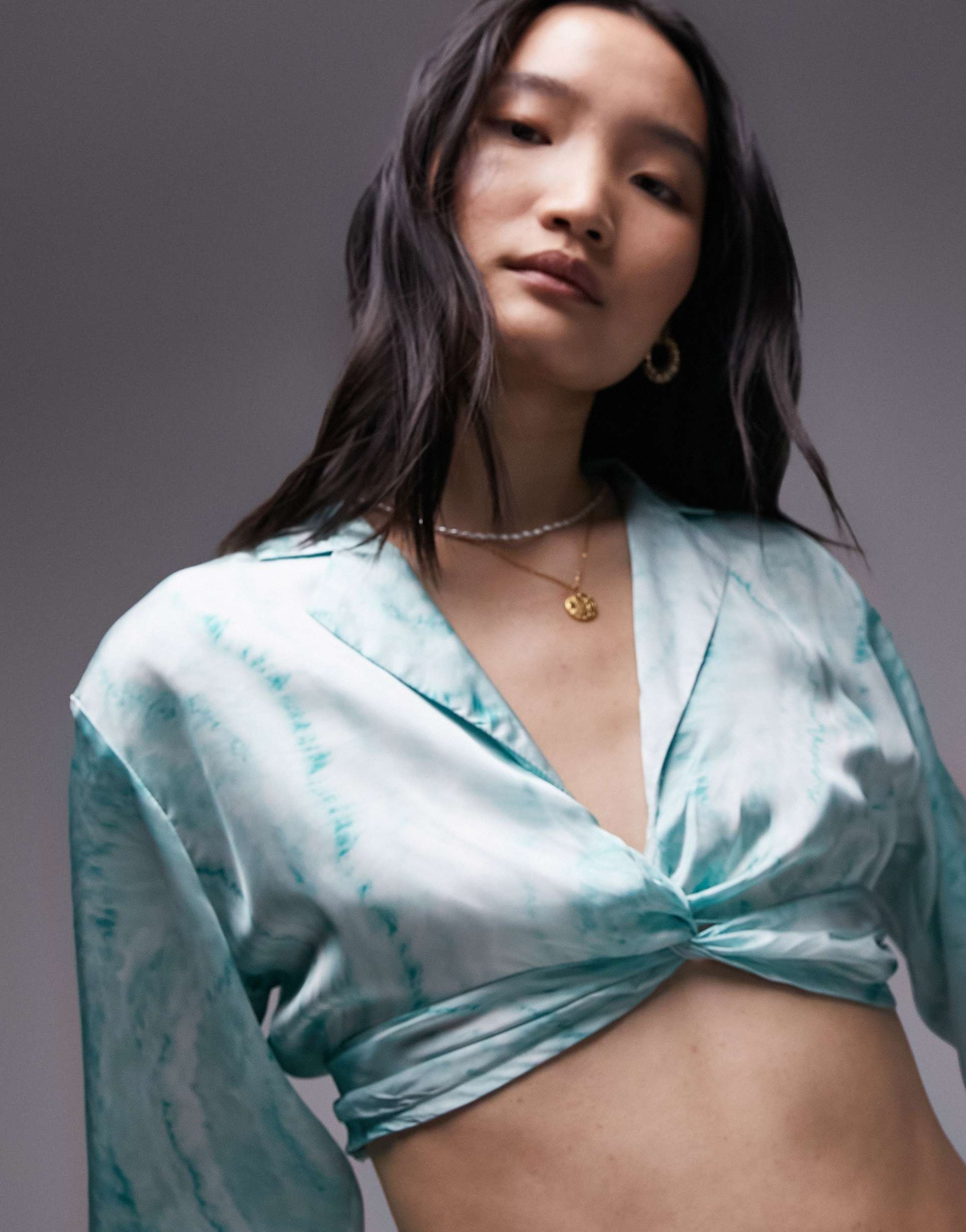 topshop tie dye twist front satin blouse in green