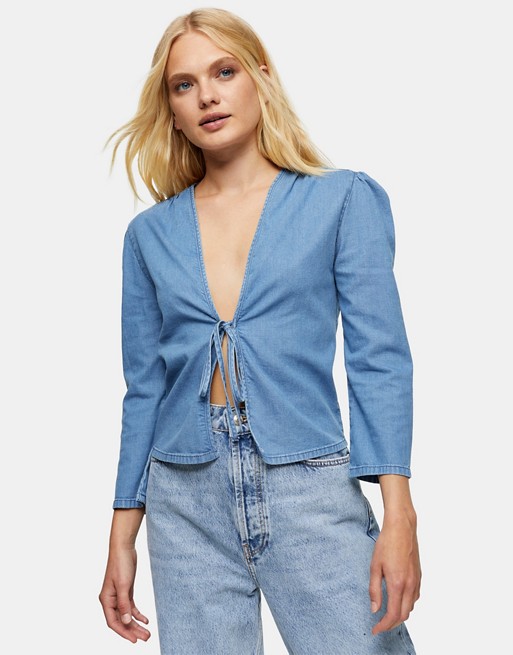 Topshop Tie Front Blouse in Mid Blue wash