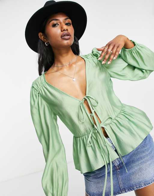 Topshop tie front blouse top in green |