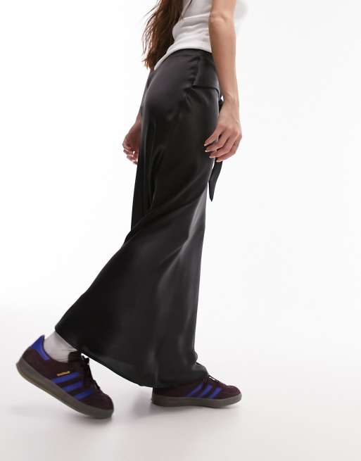 Topshop Tie Front Circle Satin skirt in black