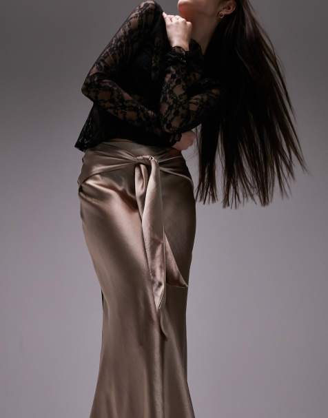 Topshop Tie Front Circle Satin skirt in dusky pink 