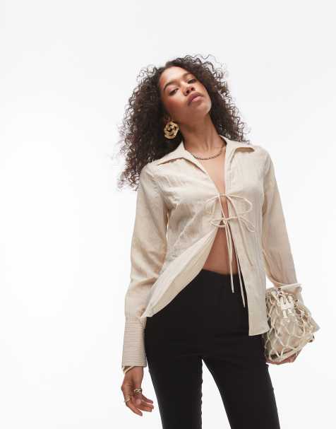 Topshop tie front crinkle top in natural - view 1