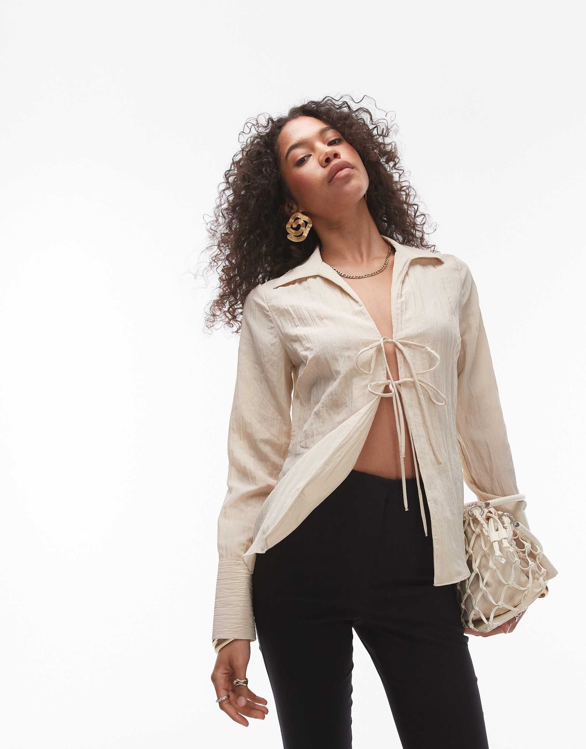 topshop tie front crinkle top in natural