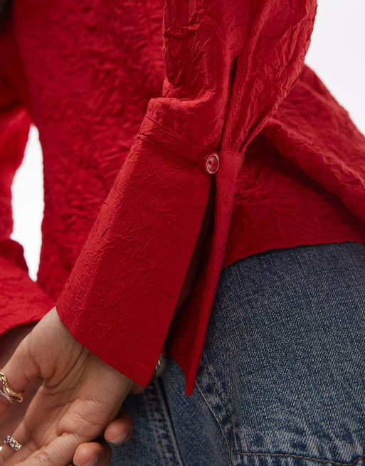 Topshop tie front crinkle top in red, 3 of 4