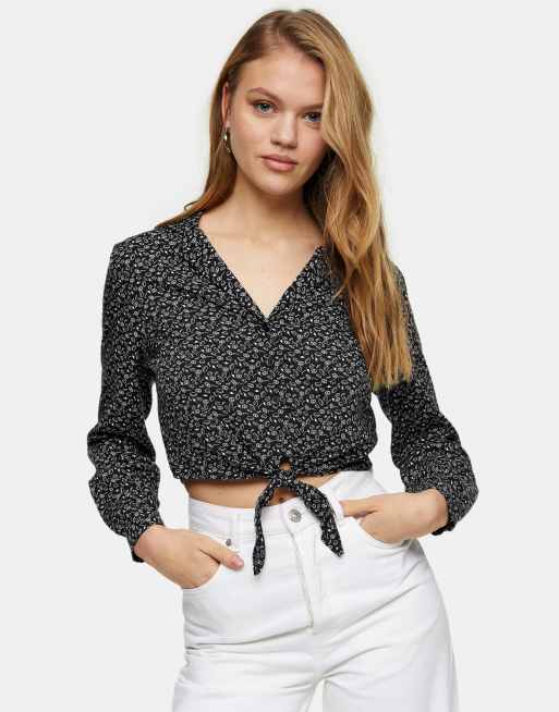 Topshop tie front cropped blouse in floral ditsy print | ASOS