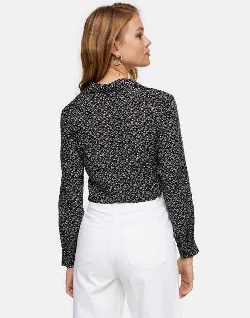 Topshop tie front cropped blouse in floral ditsy print, 2 of 4