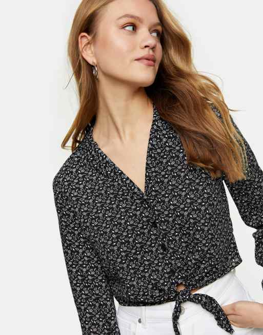 Topshop tie front cropped blouse in floral ditsy print, 3 of 4
