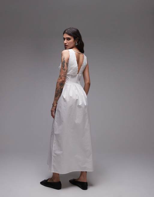 Topshop tie front embroidered midi dress in white | ASOS 