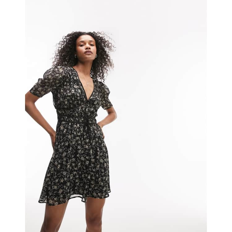 tie front gathered tea dress in mono floral print | ASOS