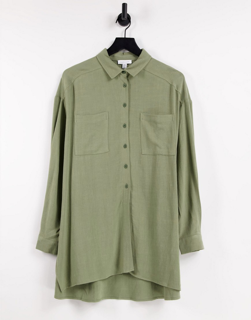 Topshop tie front linen oversized shirt in sage-Green