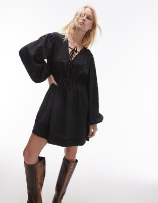 Topshop tie front long sleeve mini dress in washed black