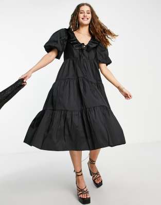 Topshop tie front taffeta midi dress in black - ASOS Price Checker