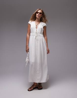 Topshop tie front tiered midi dress in ivory-White