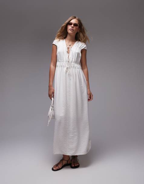 Topshop tie front tiered midi dress in ivory - view 1