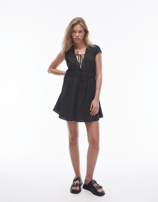 Topshop tie front tiered mini dress in black