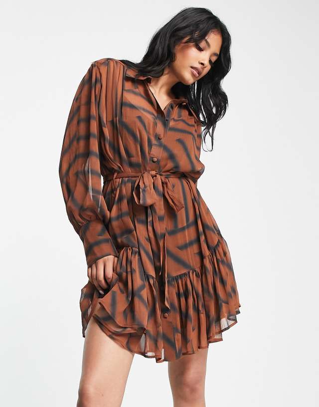 Topshop tie front tiered mini shirt dress in brown abstract