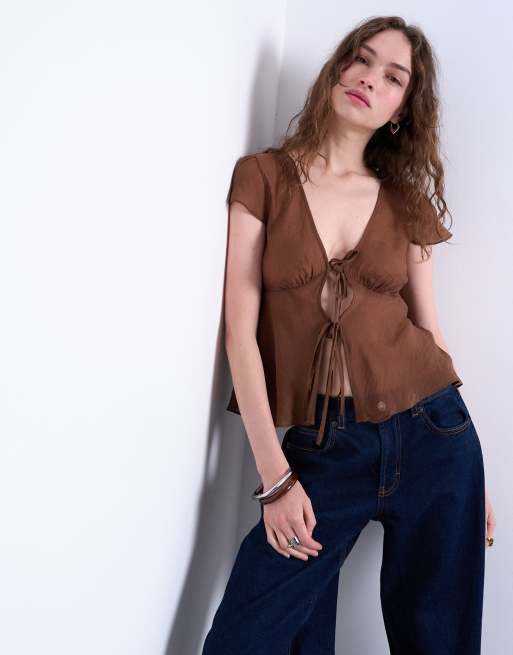 Topshop tie front top in brown, 2 of 4